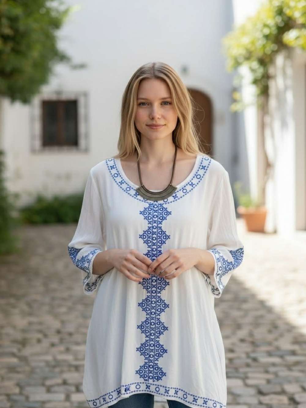 Boho The 4th! Women's White Tunic Top with Blue Embroidery(W/ Necklace)